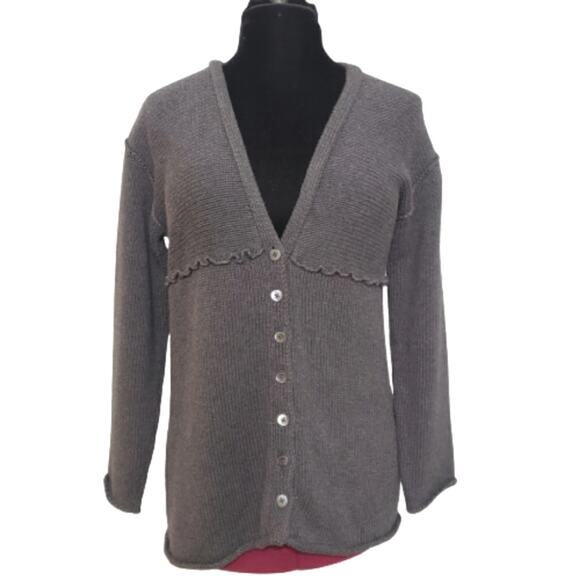J. Jill Cotton Chunky Knit V Neck Gray Ruffle Seam Cardigan Sweater Medium - Picture 1 of 12